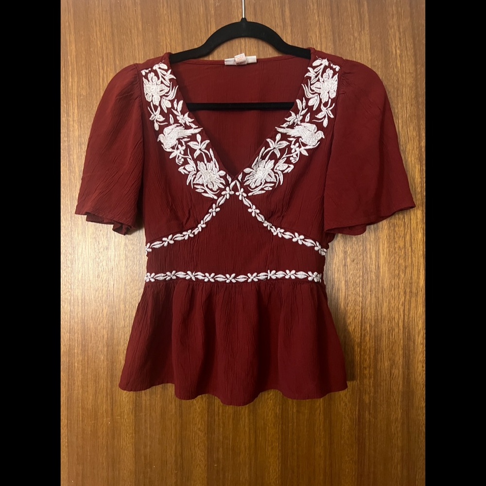 Maroon Blouse with White Embroidery